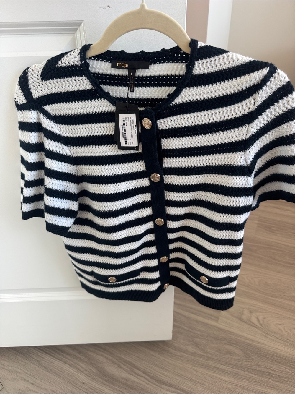 Maje navy/white Striped Crochet Button Cardigan size small from Bloomingdale’s